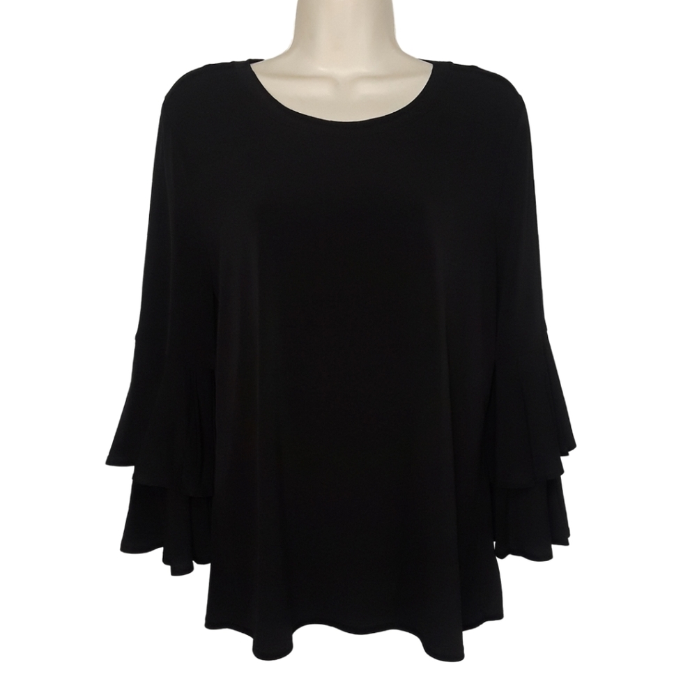 LAUNDRY BY SHELLI SEGAL Black Flare Ruffle Bell Sleeve Stretchy Top Medium